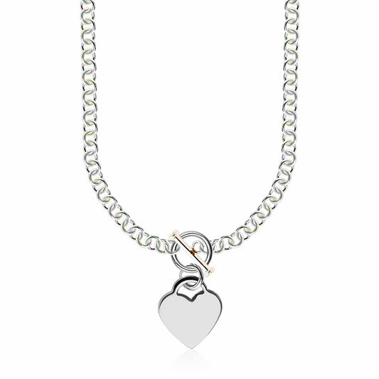 Rhodium Rolo Chain Necklace with Heart Toggle Charm