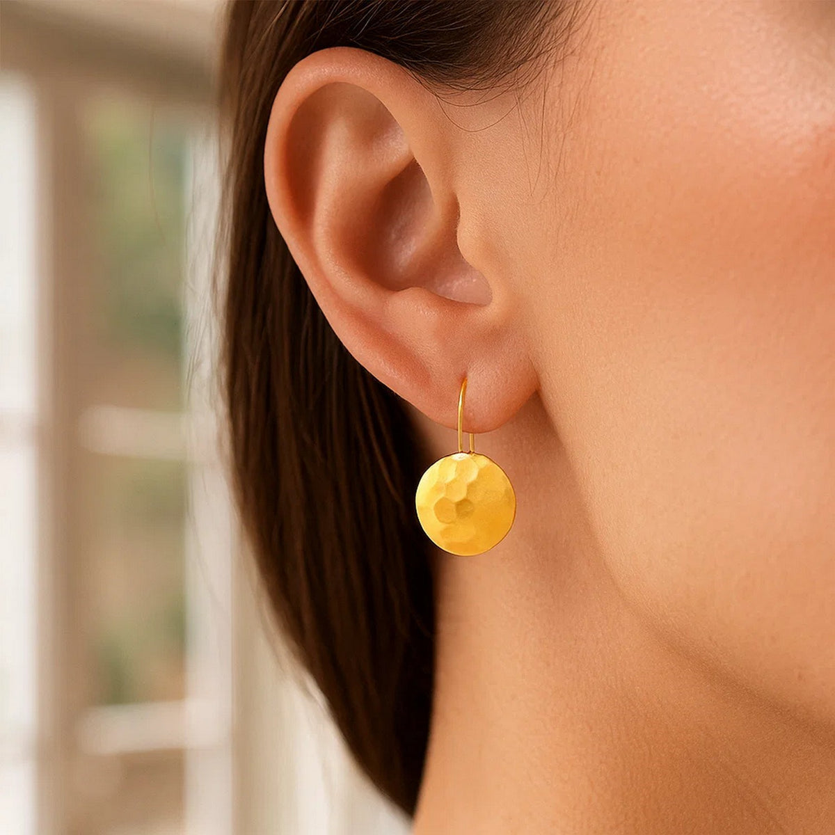 Hammered Disc Drop Earrings in 14K Yellow Gold, worn