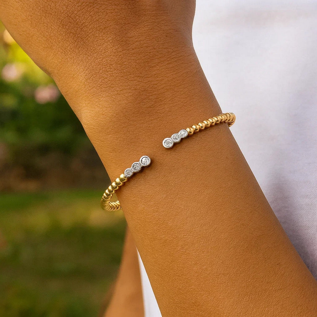 Beaded Diamond Cuff Bangle in 14K Two-Tone Gold, worn