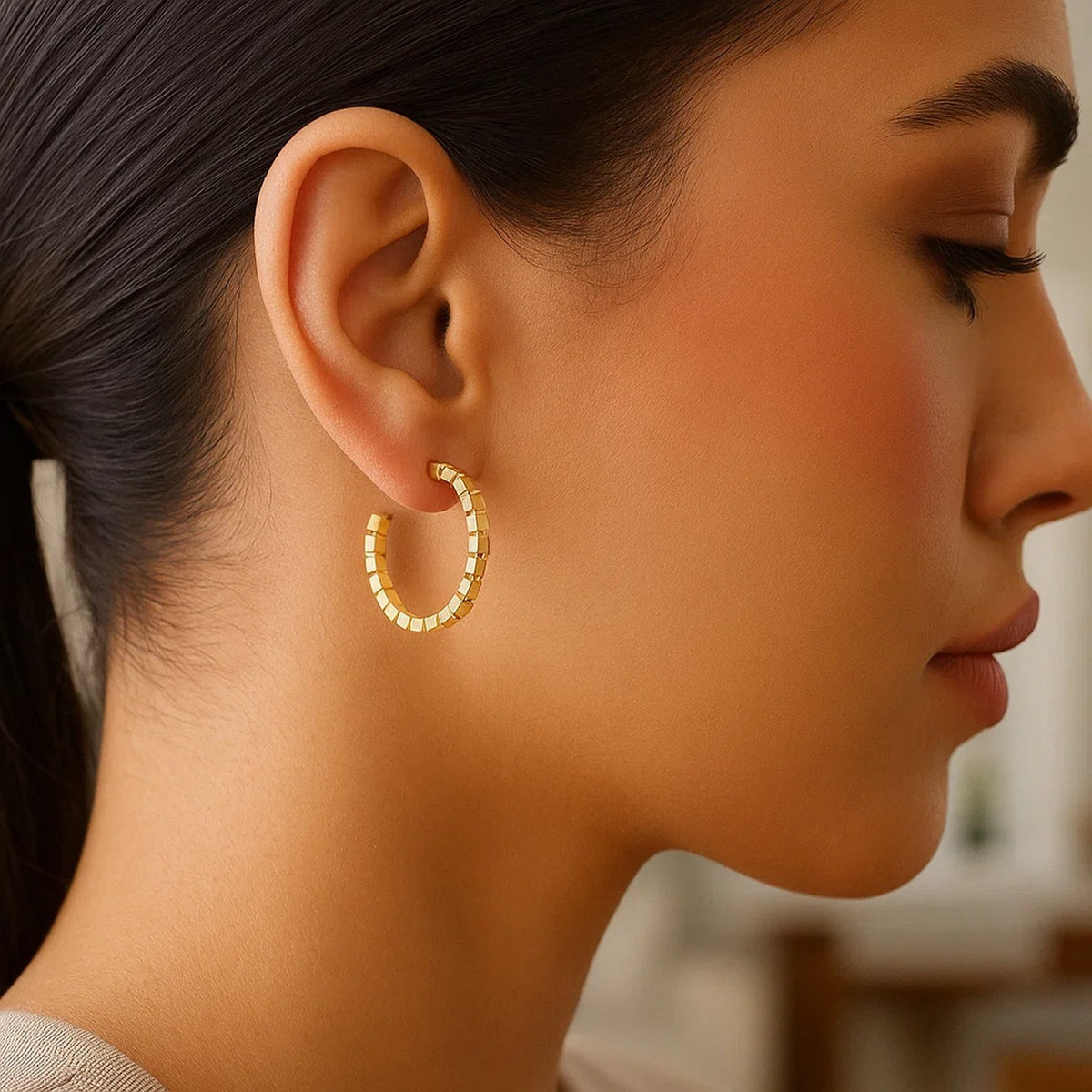 Brick Pattern C-Hoop Earrings in 14K Yellow Gold, worn