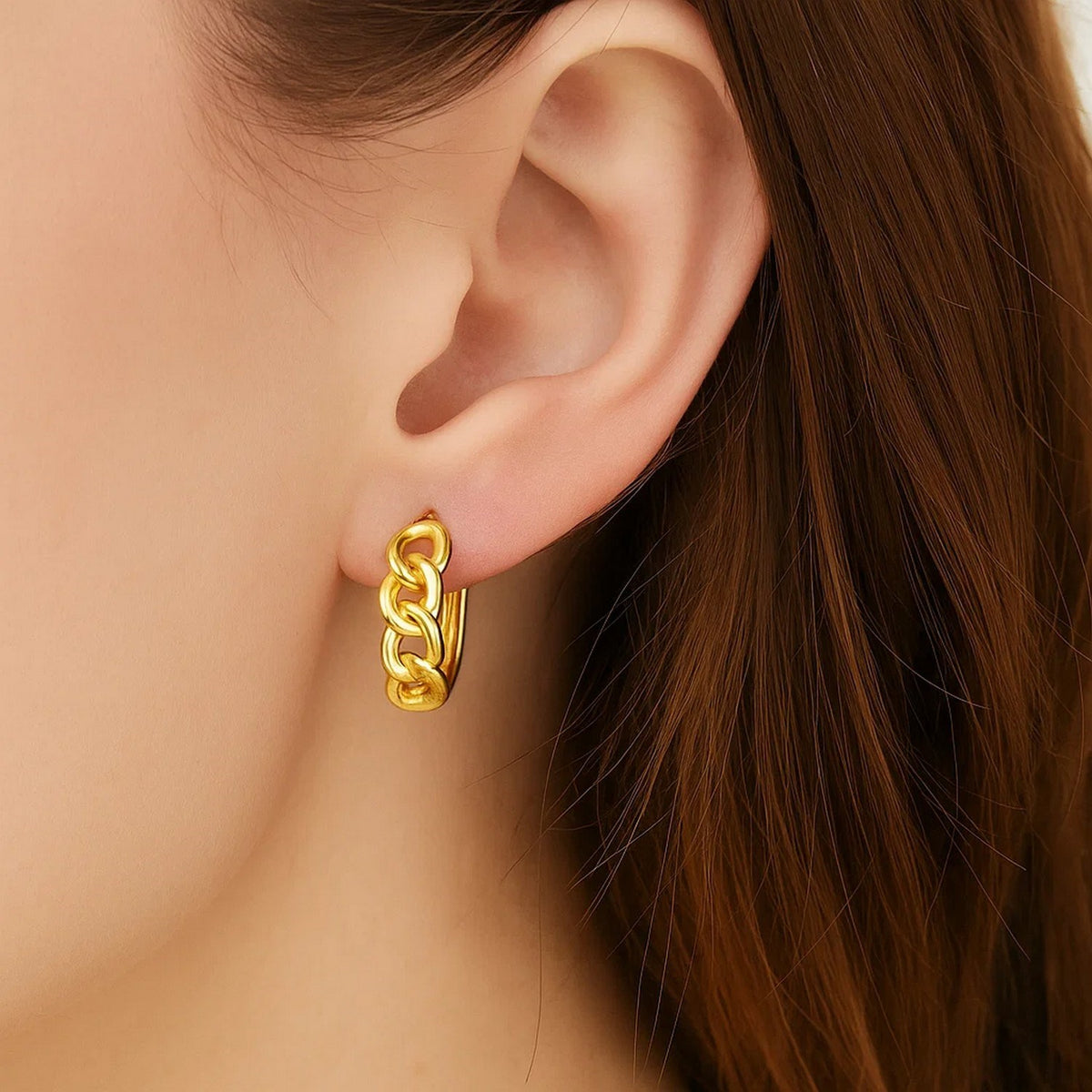 Curb Link Huggie Hoop Earrings in 14K Yellow Gold, worn