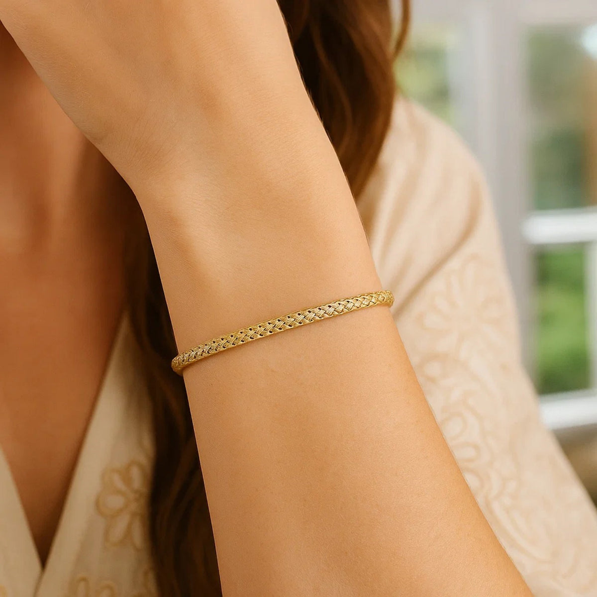 Woven Bangle Bracelet in 14K Yellow Gold, worn