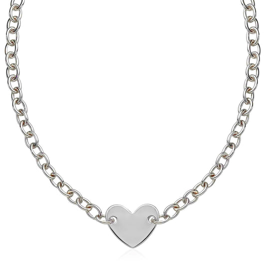 Flat Heart Motif Station Chain Necklace in Rhodium Silver