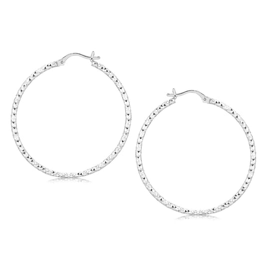 Large Faceted Hoop Earrings in Rhodium-Plated Silver (2x40mm)