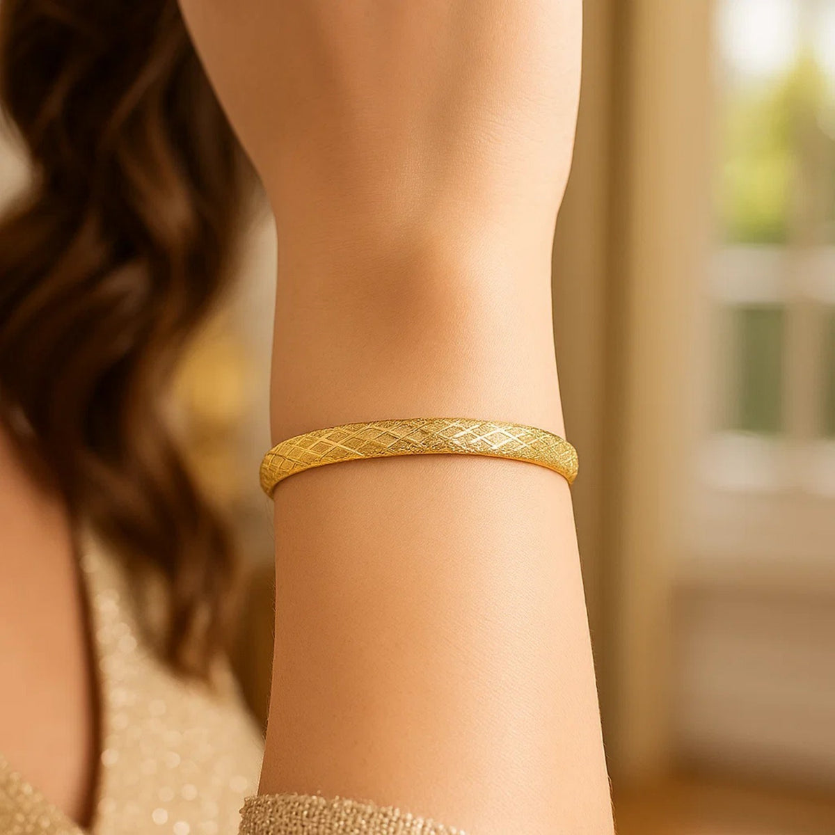 Diamond-Cut Crosshatch Bangle in 14K Yellow Gold, worn