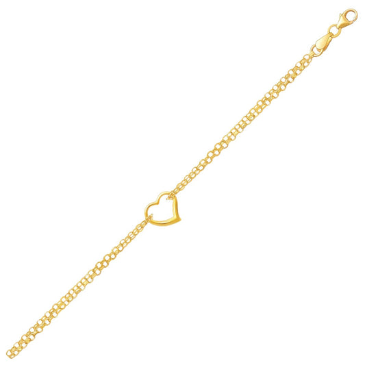 Double Rolo Chain Anklet with Open Heart Station in 14K Yellow Gold