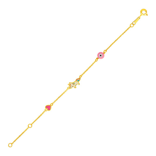Children's Enameled Heart, Unicorn, and Eye Charm Bracelet in 14K Yellow Gold (1.00 mm)