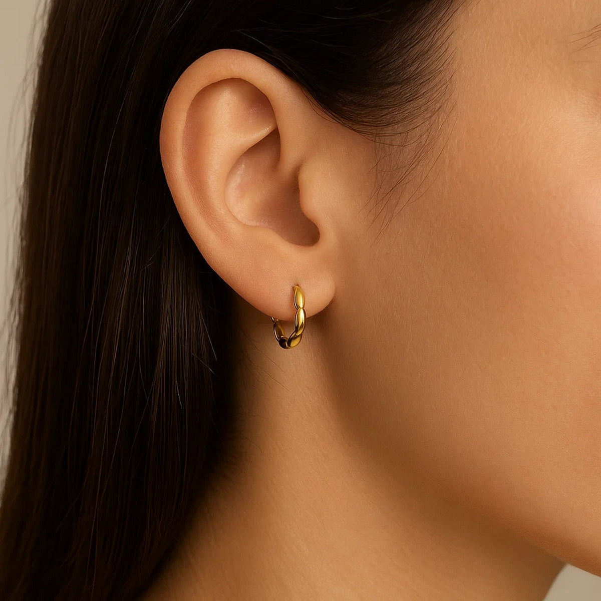 Rice Bead Huggie Hoop Earrings in 14K Yellow Gold, worn