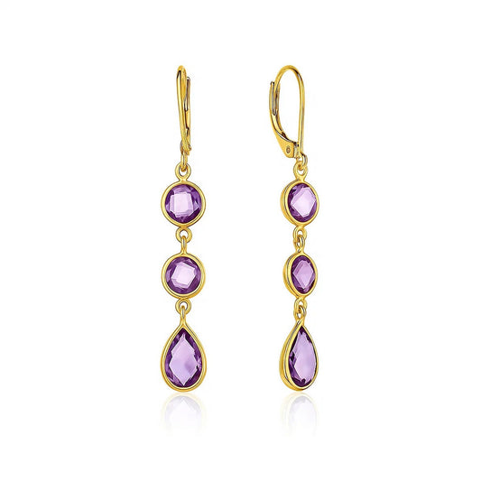 Round and Pear Amethyst Drop Earrings in 14K Yellow Gold