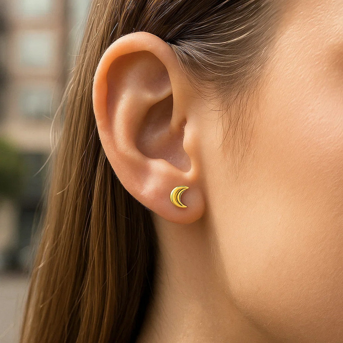 Crescent Moon Stud Earrings in 14K Yellow Gold, worn