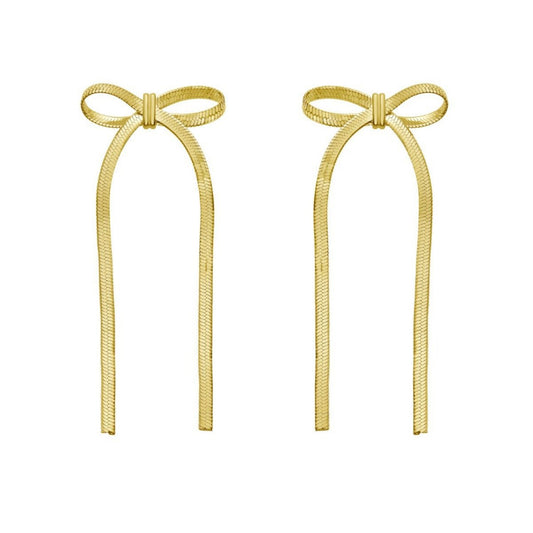 Snake Chain Drop Dangle Bow Earrings in Yellow Gold-Plated Sterling Silver