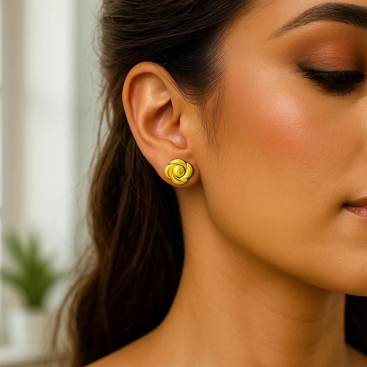 Rose Flower Stud Earrings in 14K Yellow Gold, worn