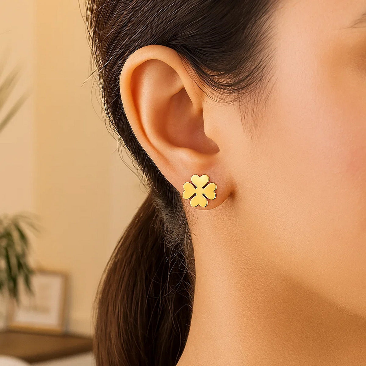 Four-Leaf Clover Stud Earrings in 14K Yellow Gold, worn