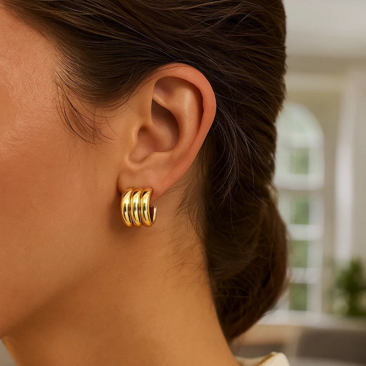 Triple Row C-Hoop Earrings in Yellow Gold-Plated Silver