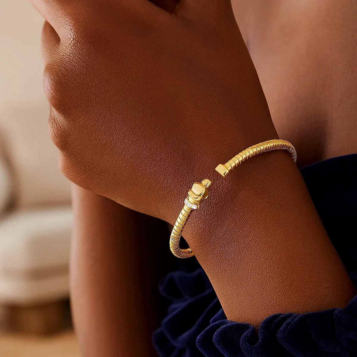 Panther Tubogas Cuff Bangle with Diamonds in 14K Yellow Gold, worn