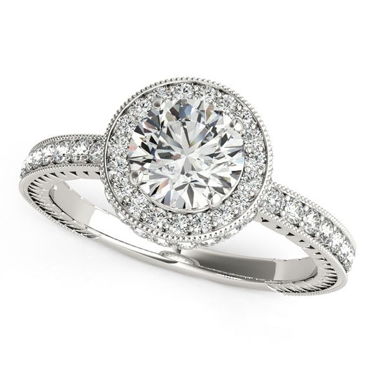Milgrain Border Diamond Pave Engagement Ring in 14K White Gold (1 1/2 cttw)