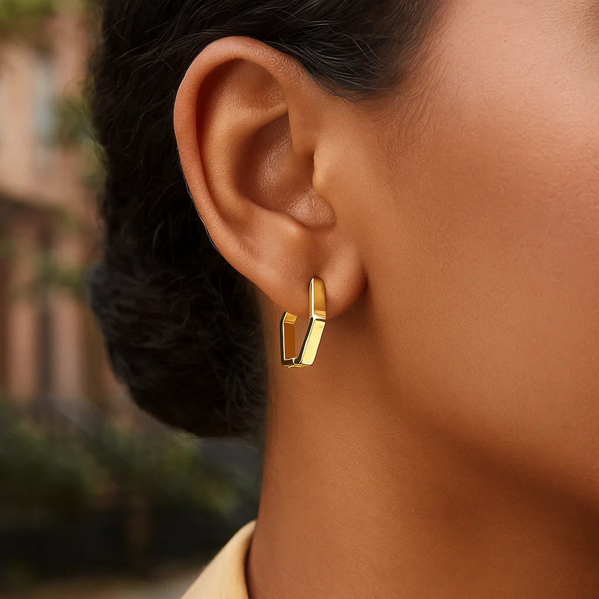 Hexagon Huggie Hoop Earrings in 14K Yellow Gold, worn