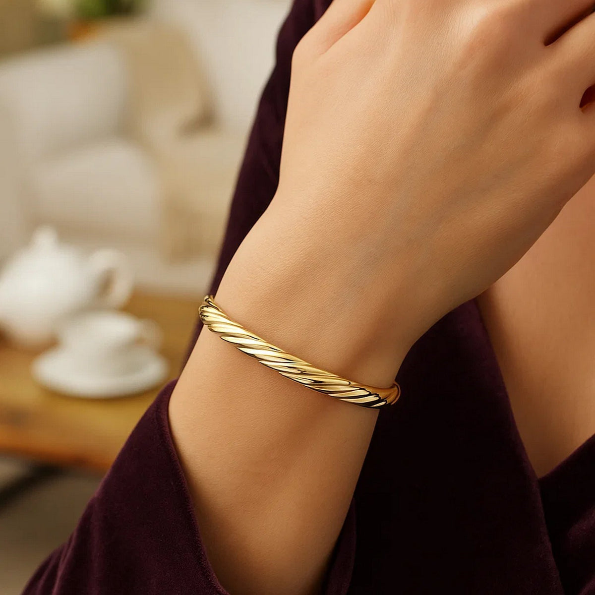 Fluted Twist Bangle in 14K Yellow Gold, worn