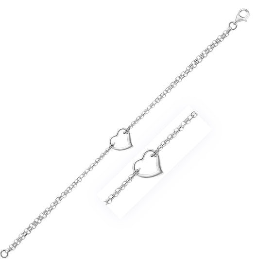 Cable Chain Anklet with Open Heart Station in 14K White Gold