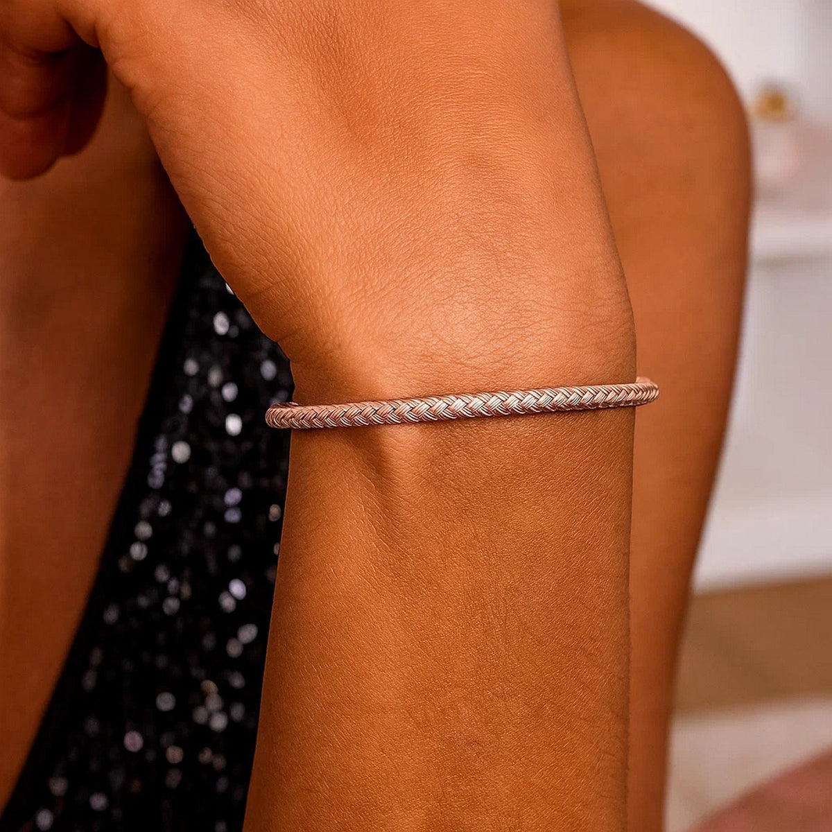 Woven Bangle Bracelet in 14K Rose Gold, worn