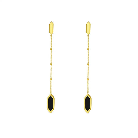 Hexagon Black Onyx Chain Drop Earrings in 14K Yellow Gold