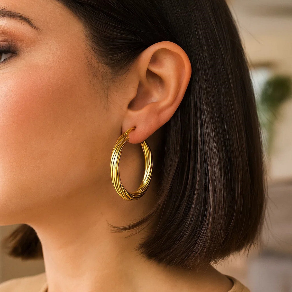 Large Twisted Hoop Earrings in 14K Yellow Gold, worn