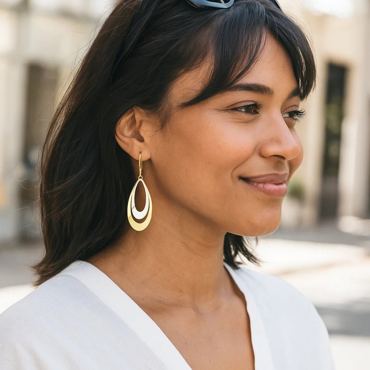 Double Open Teardrop Earrings in 14K Two-Tone Gold, worn