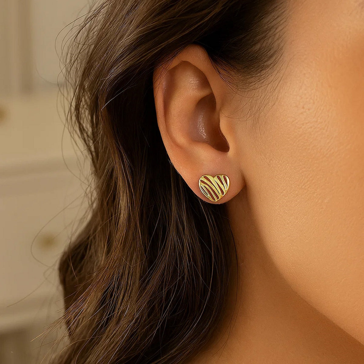 Scribble Heart Stud Earrings in 14K Yellow Gold, worn