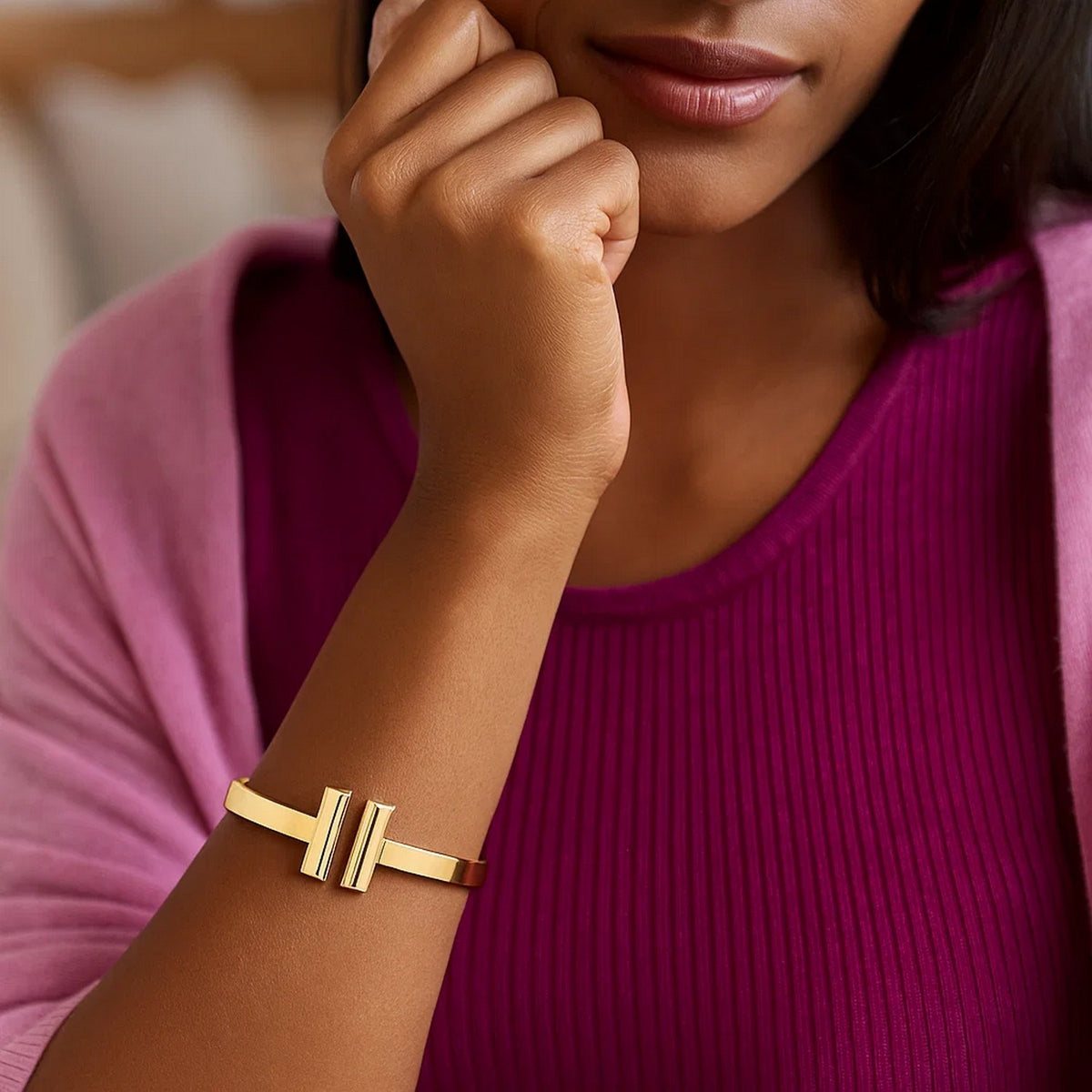 Double Bar Cuff Bangle in 14K Yellow Gold, worn