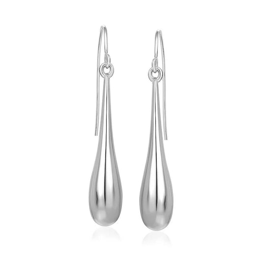 Long Polished Teardrop Dangling Earrings in 14K White Gold
