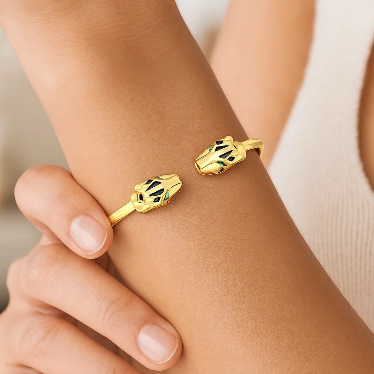 Panther Head Cuff Bangle in 14K Yellow Gold, worn