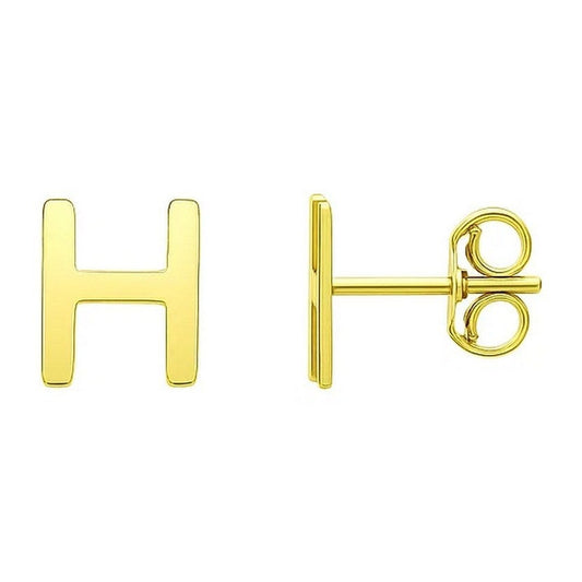 14K yellow gold initial H stud earrings on white background