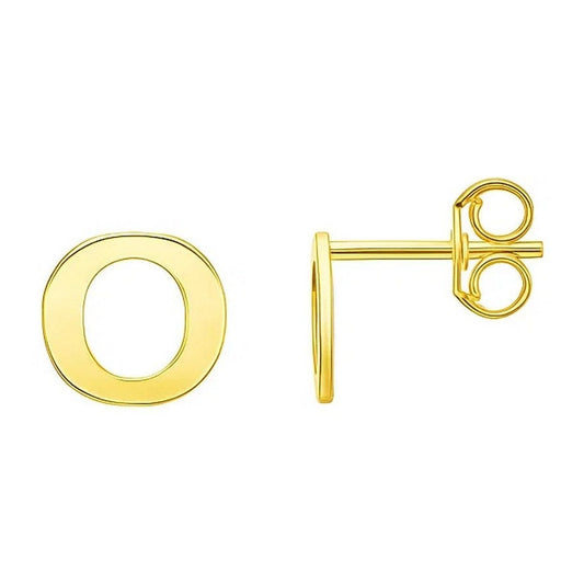 14K yellow gold initial O stud earrings on white background