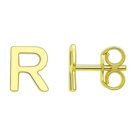 14K yellow gold initial R stud earrings on white background