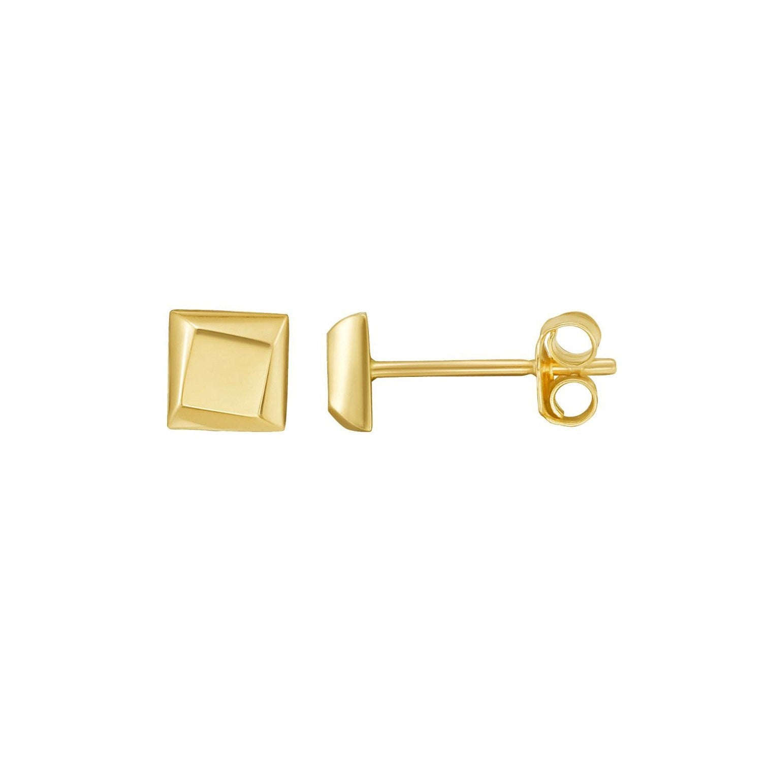 Flat back square stud earrings in 14K yellow gold, front view with push back posts