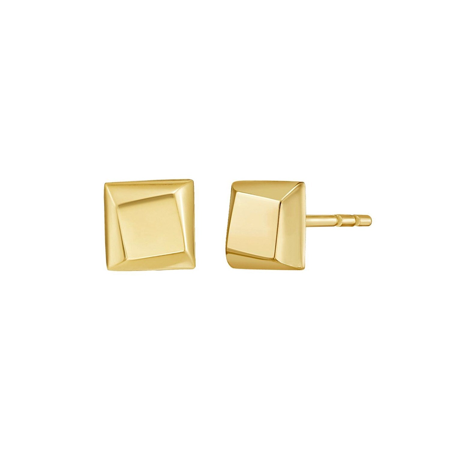 Flat back square stud earrings in 14K yellow gold, angled view showing polished flat face