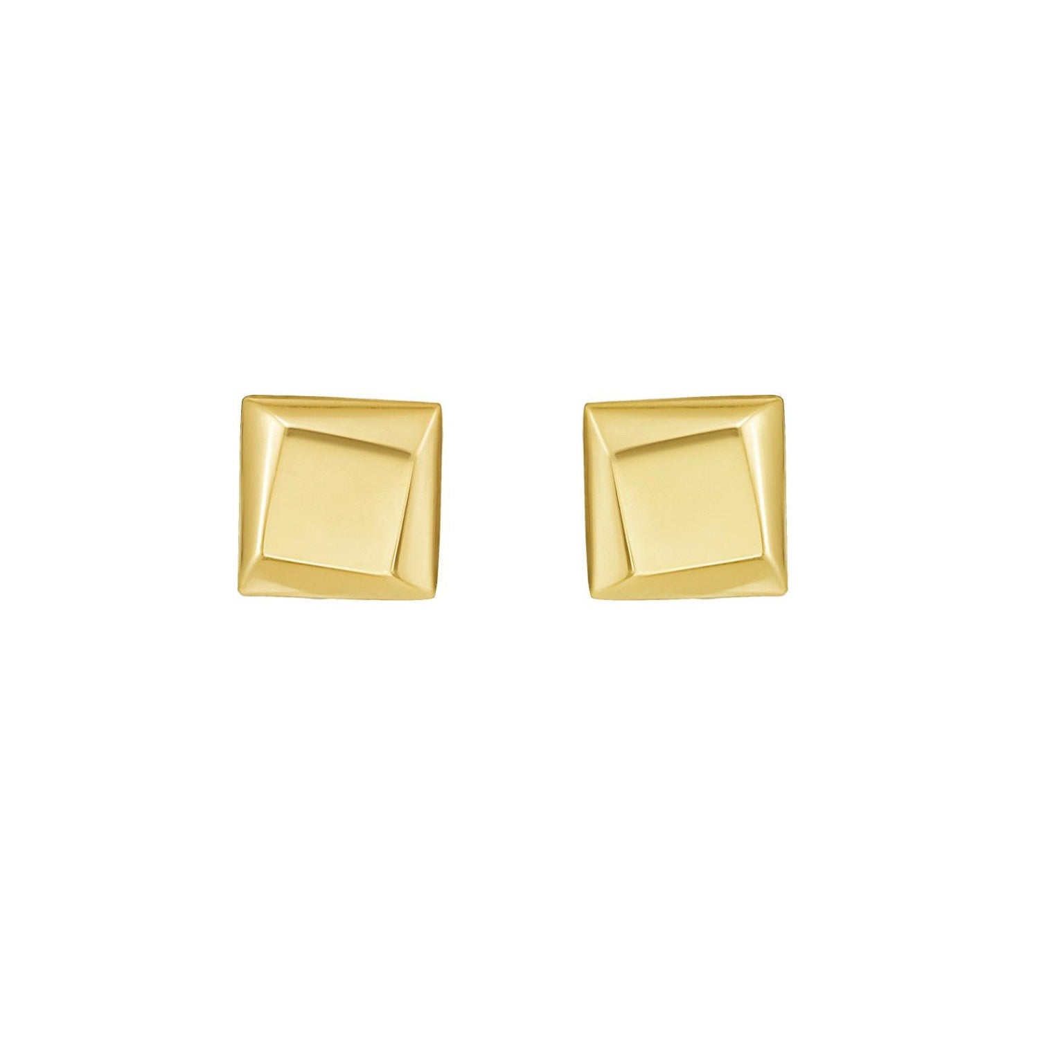 Flat back square stud earrings in 14K yellow gold, detail of post and friction back