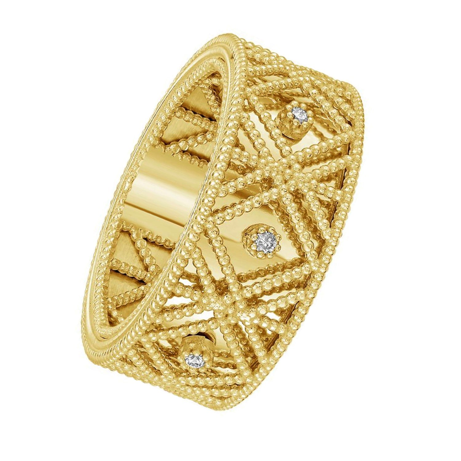 Textured diamond shape fancy ring in 14K yellow gold with openwork lattice band and prong-set diamond accents, angled view