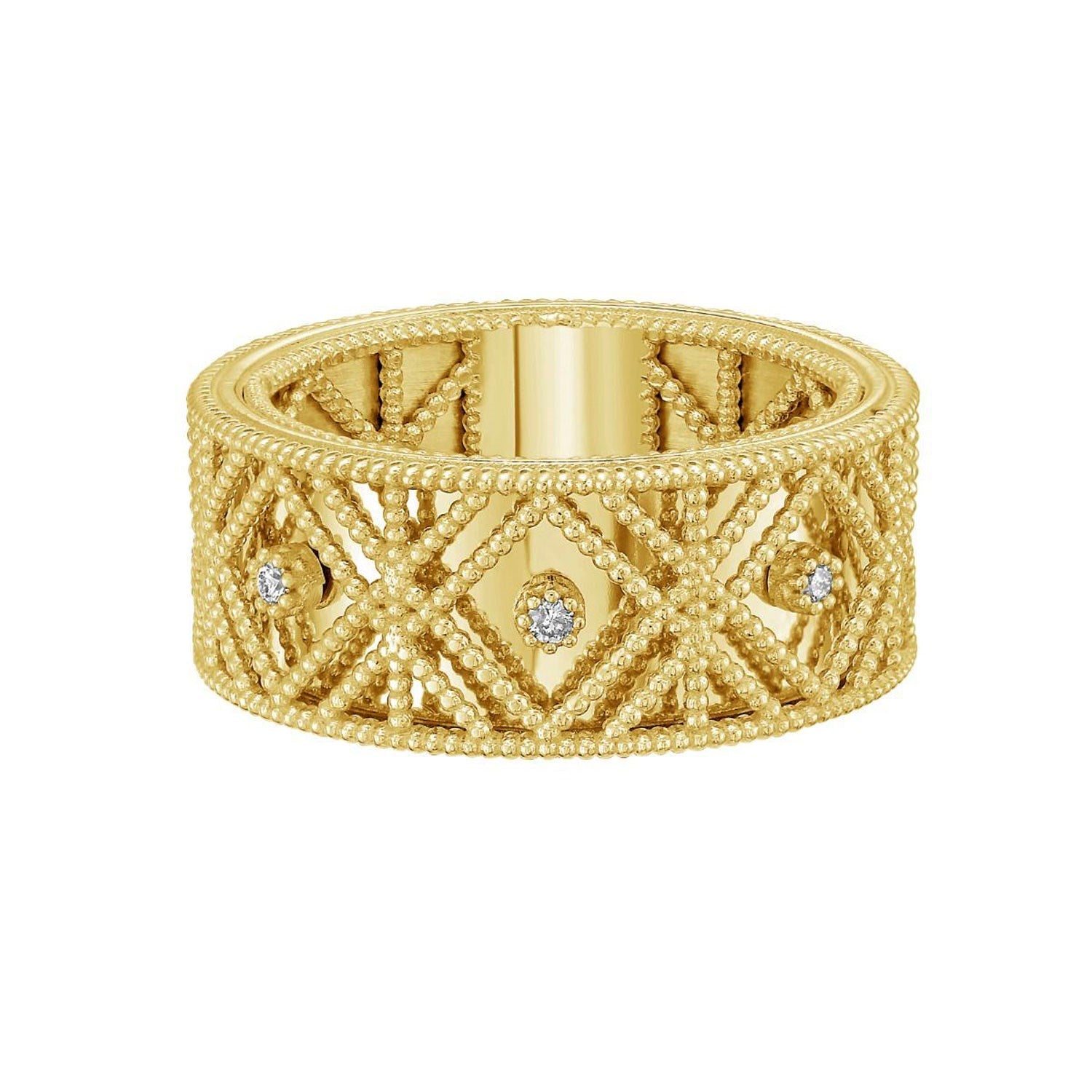 Textured diamond shape fancy ring in 14K yellow gold, side profile showing milgrain edges and openwork pattern
