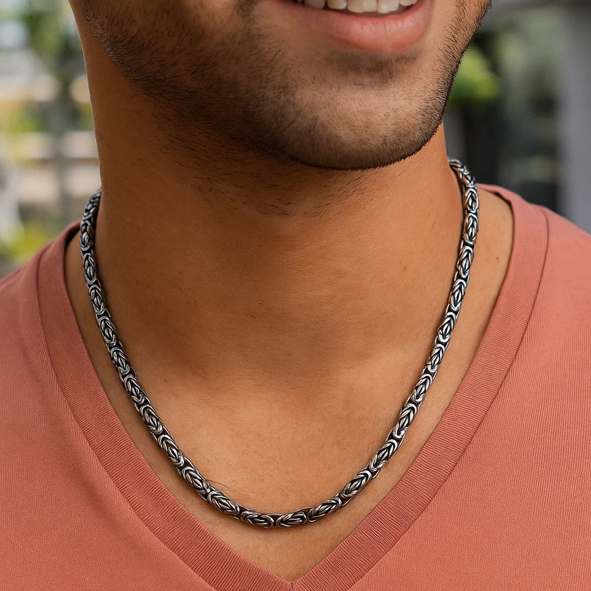 Byzantine Chain Necklace with Gunmetal Finish in Silver