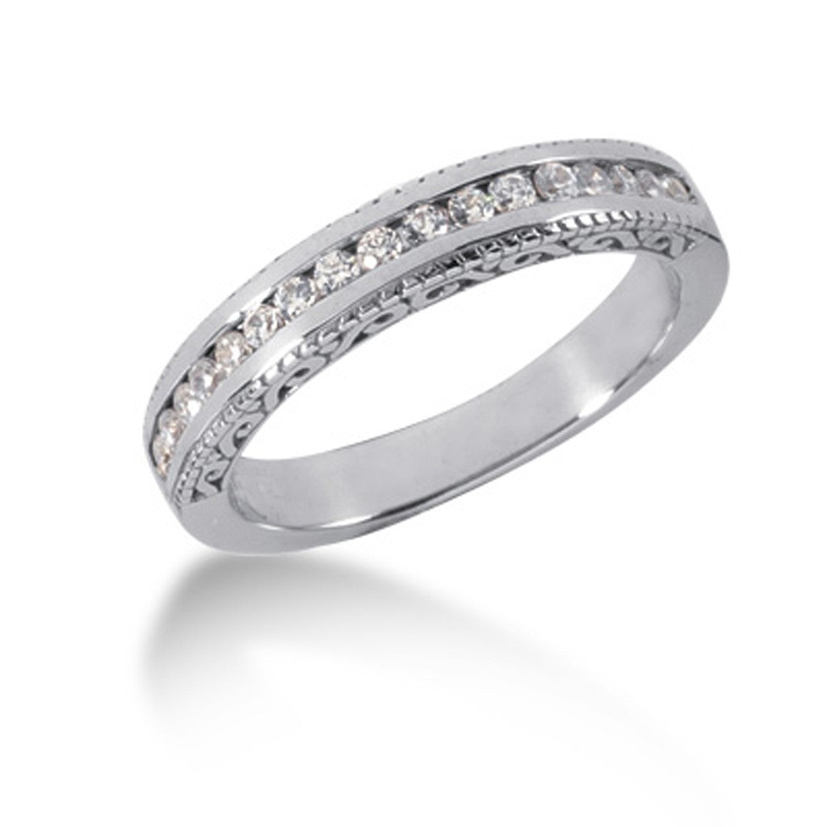 Vintage Engraved Diamond Channel Set Wedding Band in 14K White Gold