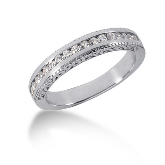 Vintage Engraved Diamond Channel Set Wedding Band in 14K White Gold