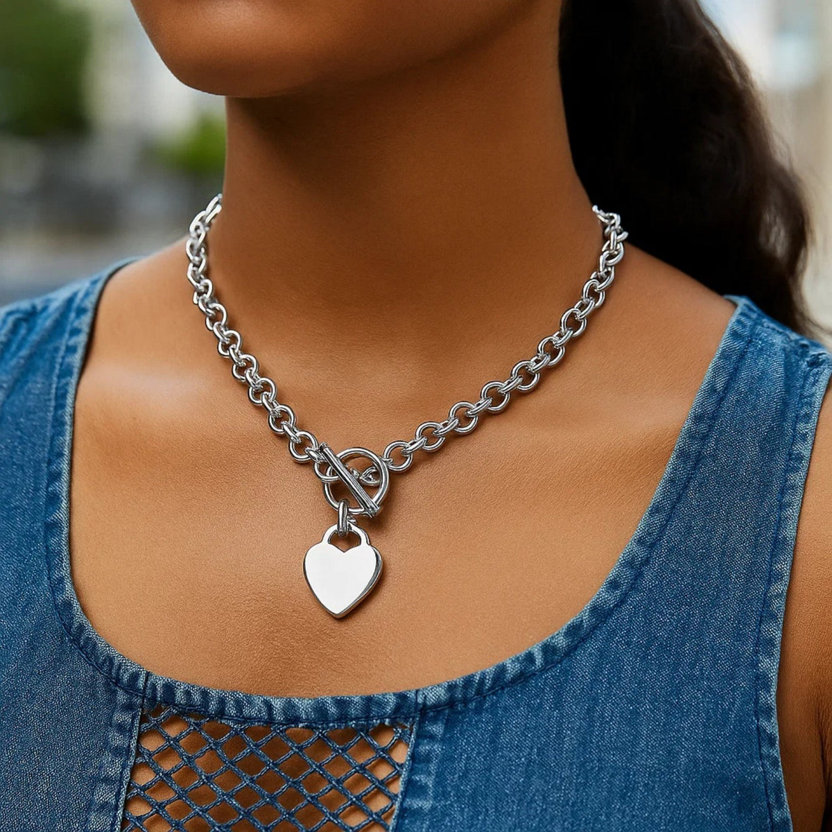 Heart Toggle Charm Rolo Chain in Rhodium Silver