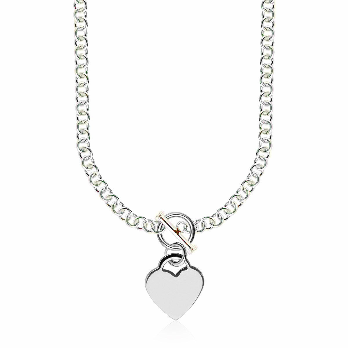 Rhodium Rolo Chain Necklace with Heart Toggle Charm