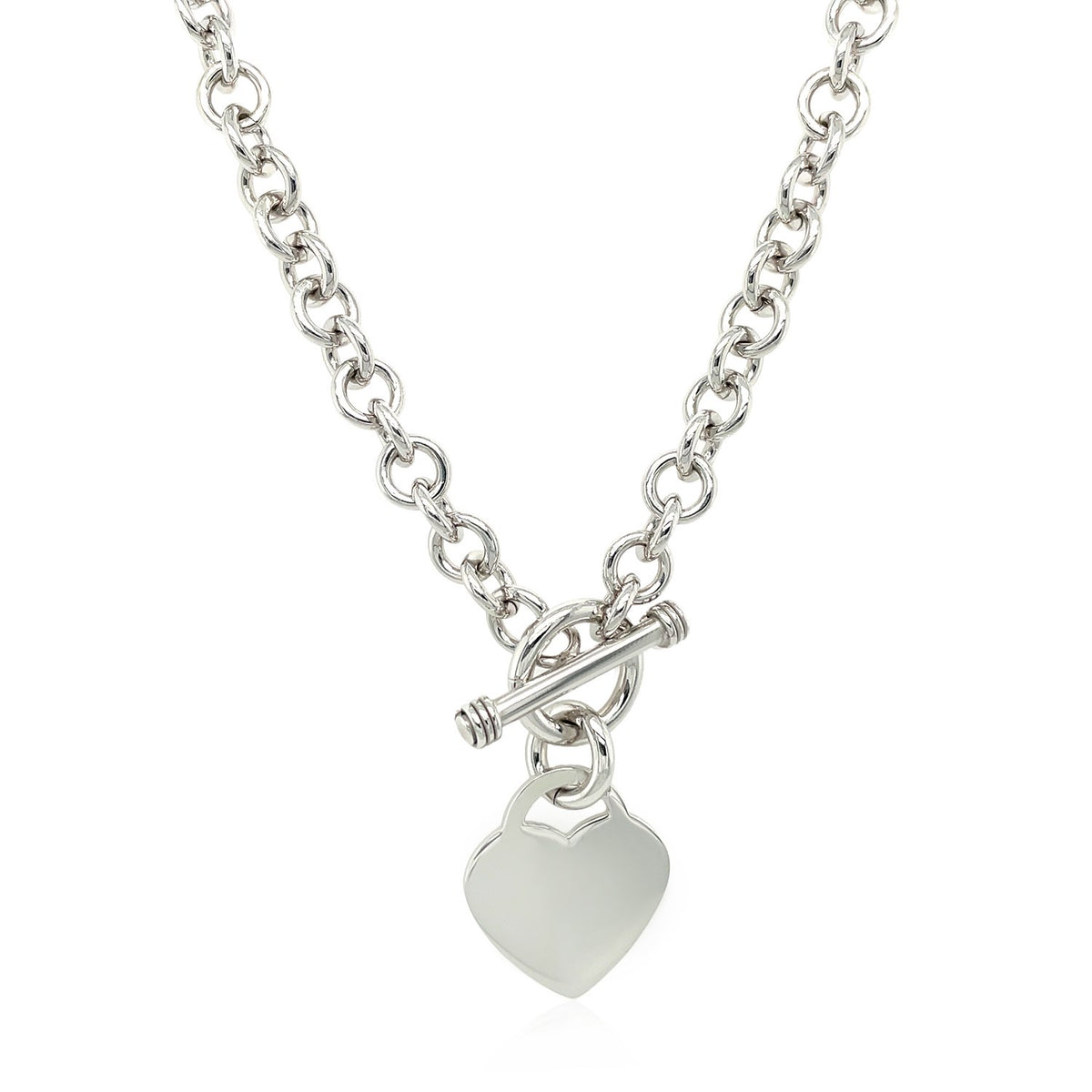Rhodium Rolo Chain Necklace with Heart Toggle Charm