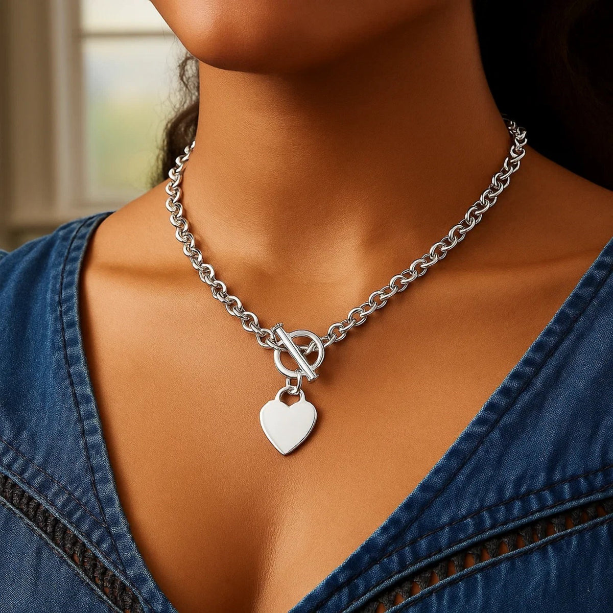 Rhodium Rolo Chain Necklace with Heart Toggle Charm