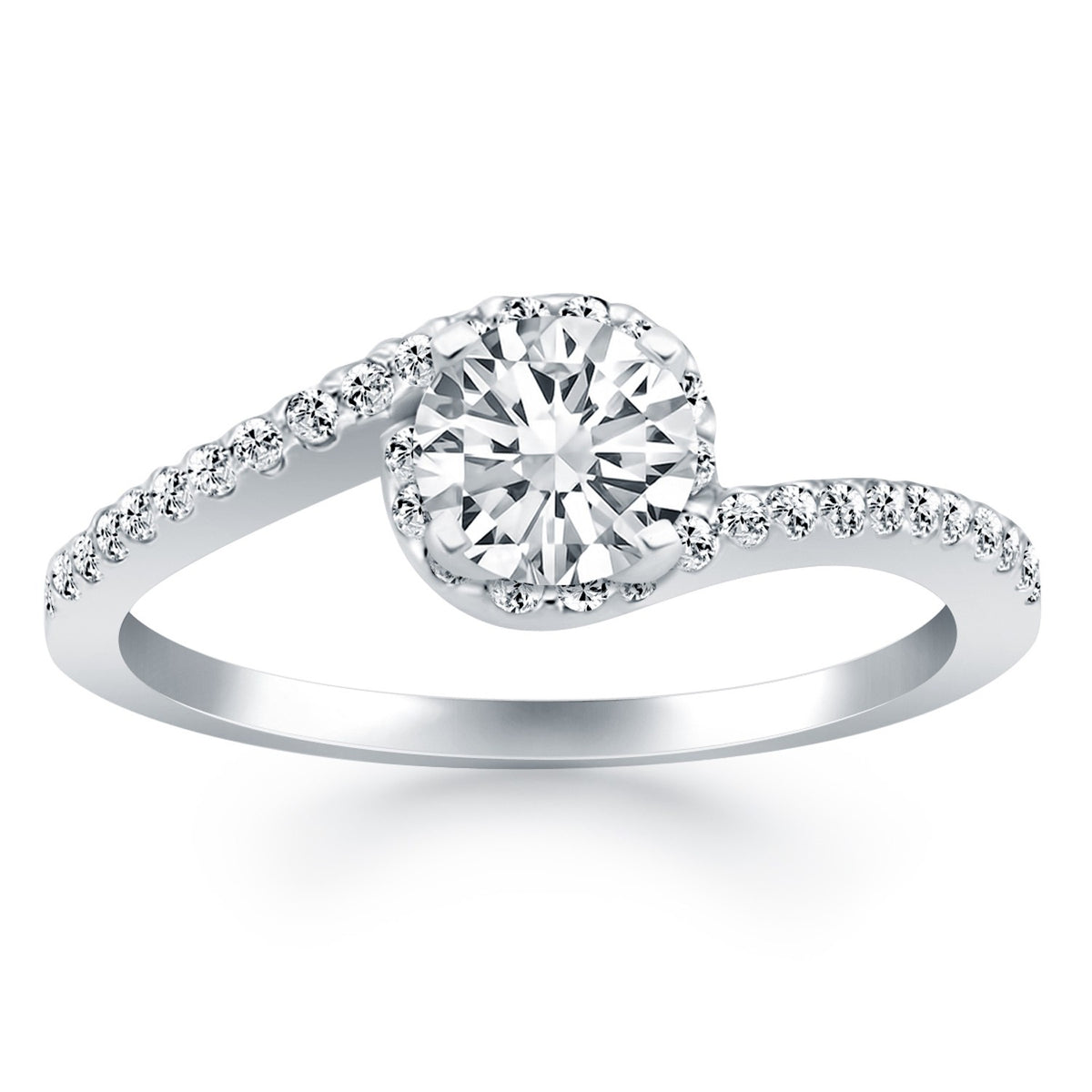 Bypass Swirl Diamond Halo Engagement Ring in 14K White Gold