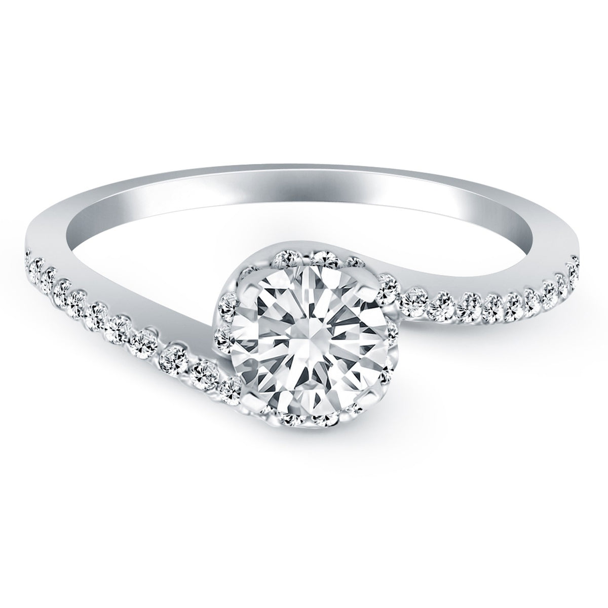 Bypass Swirl Diamond Halo Engagement Ring in 14K White Gold