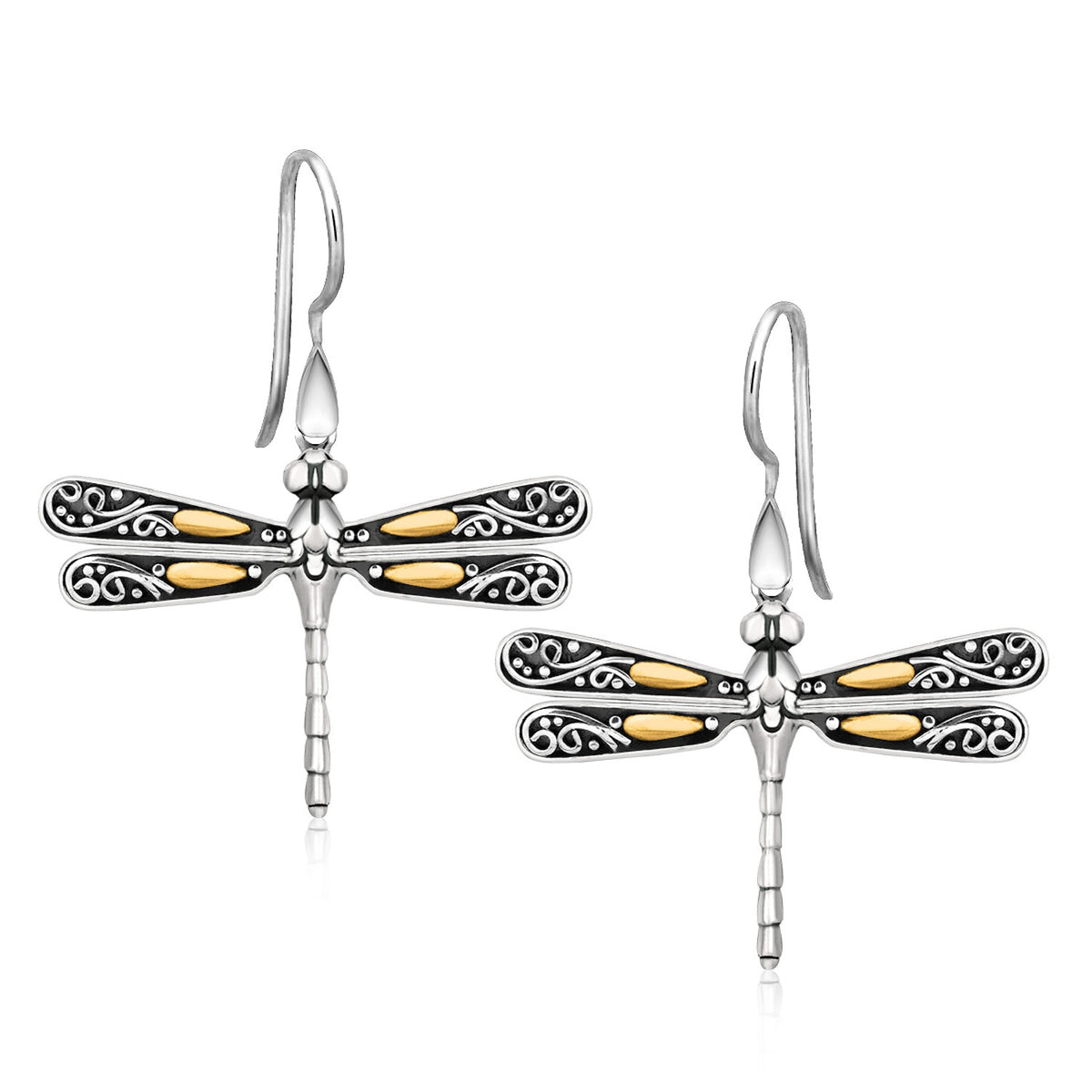 Dragonfly Motif Drop Earrings in 18K Yellow Gold & Sterling Silver