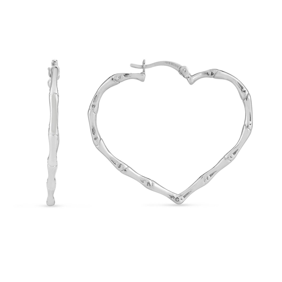 Heart Bamboo Hoop Earrings in Rhodium-Plated Sterling Silver